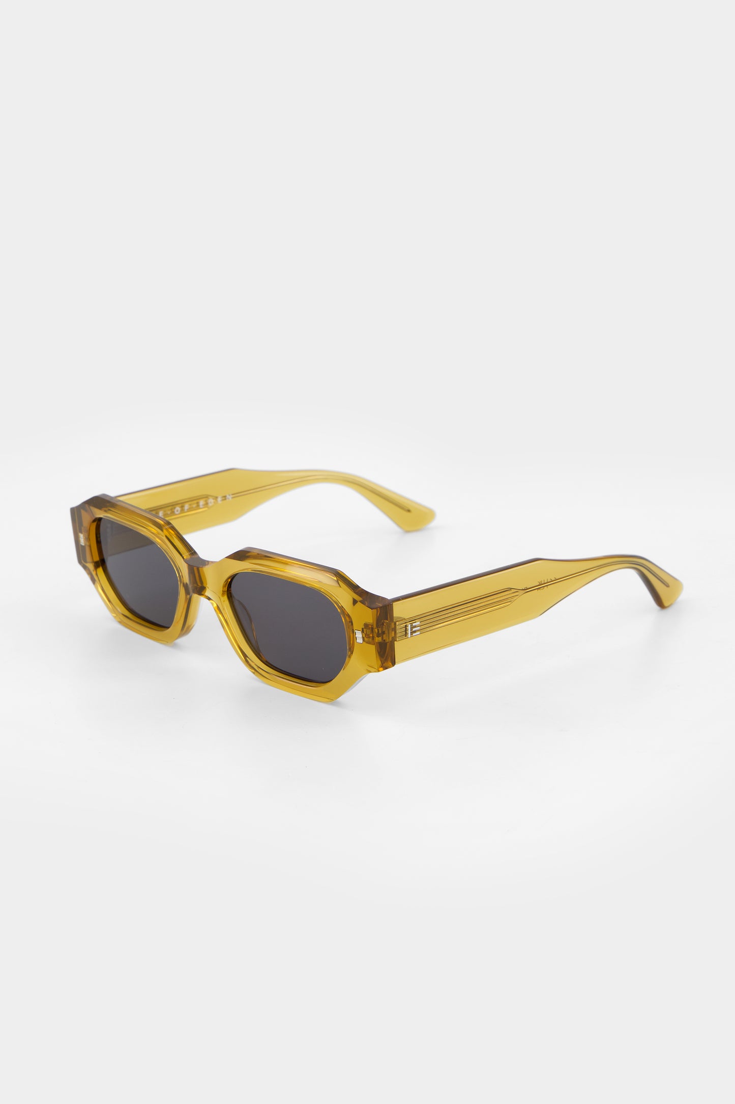 Isle of Eden Blake cognac sunglasses, three-quarter angle showing low profile hexagonal frame