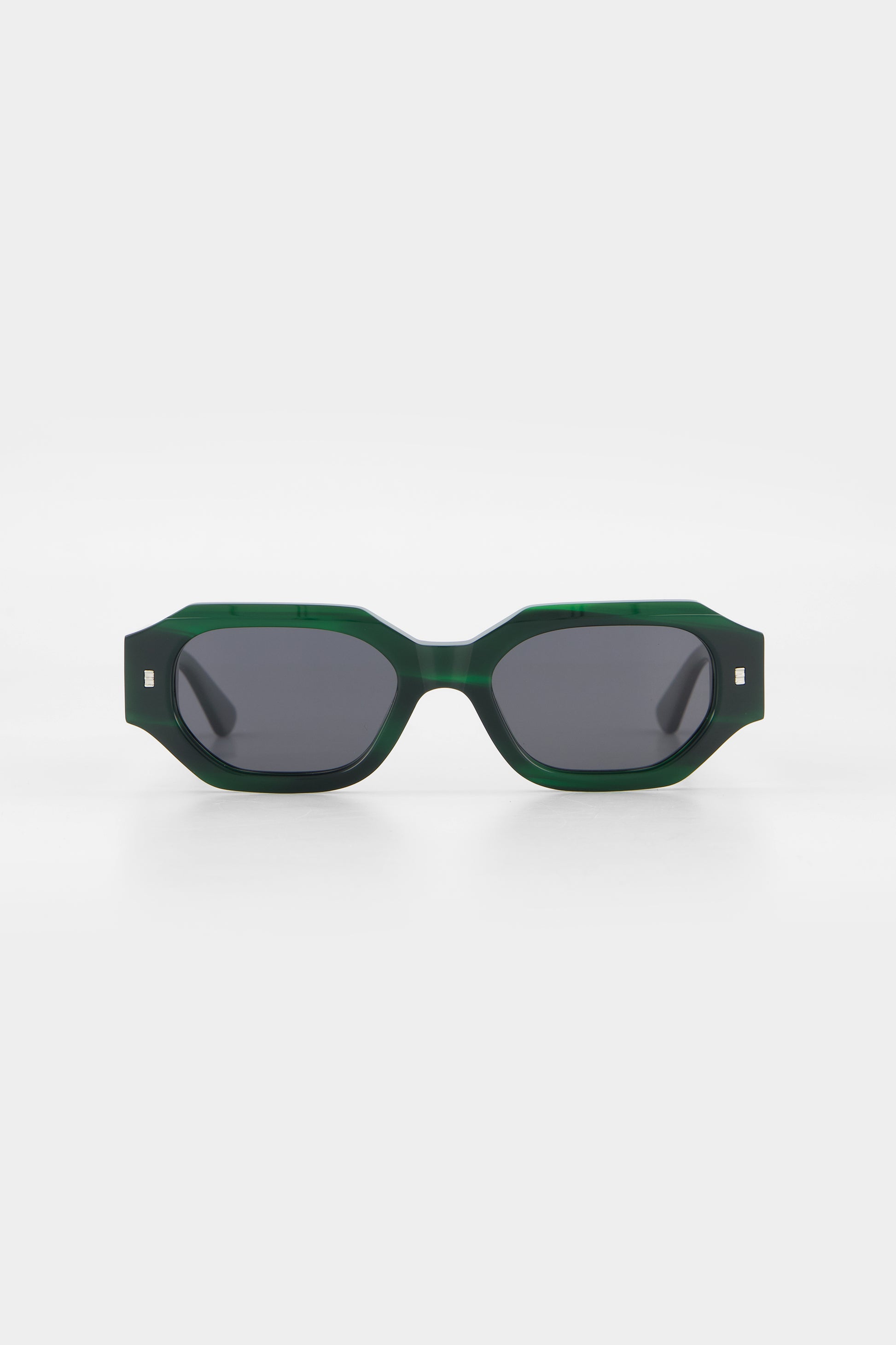 Isle of Eden Blake emerald sunglasses, front view showing hexagonal frame and grey lenses