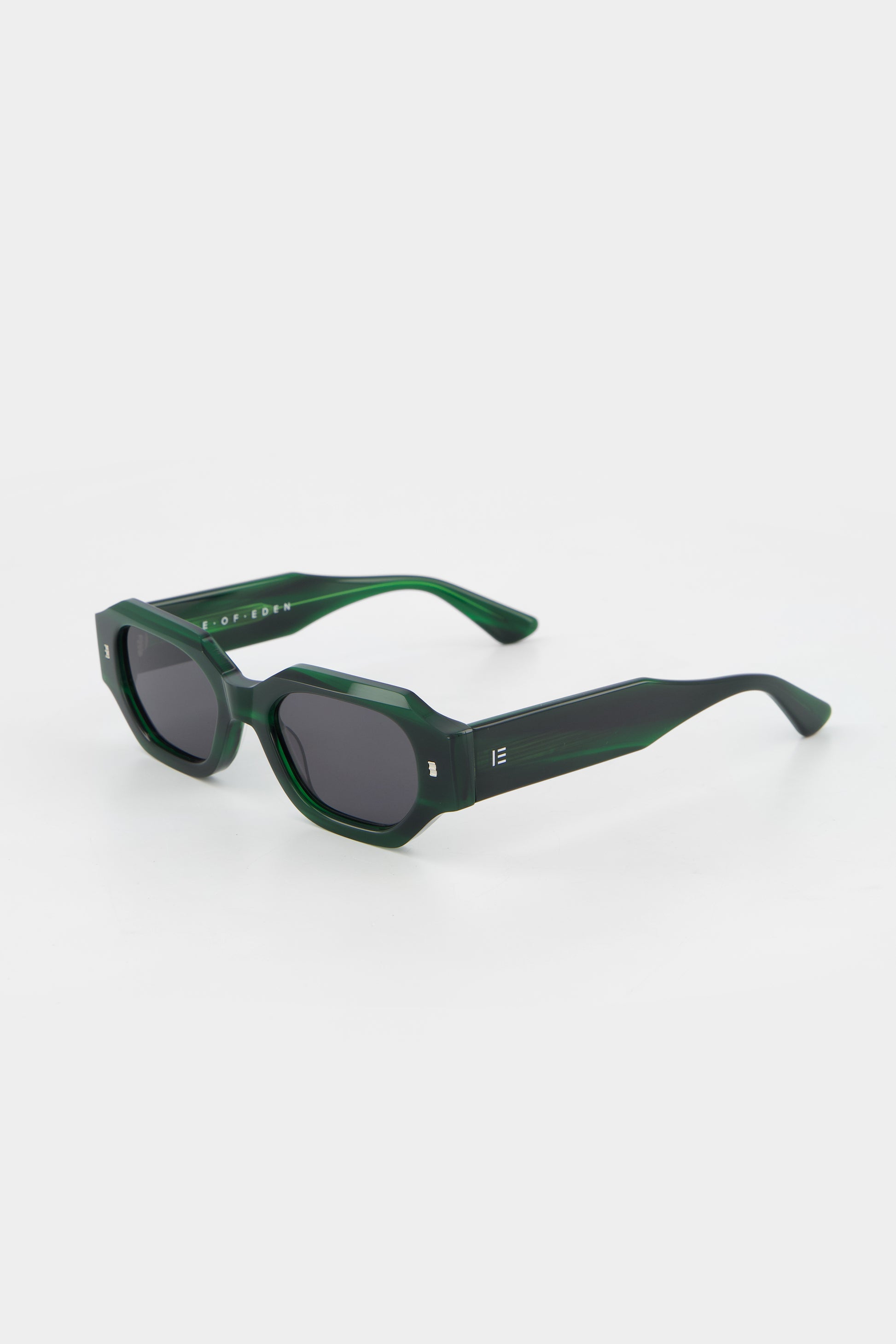 Isle of Eden Blake emerald sunglasses, three-quarter angle showing low profile hexagonal frame
