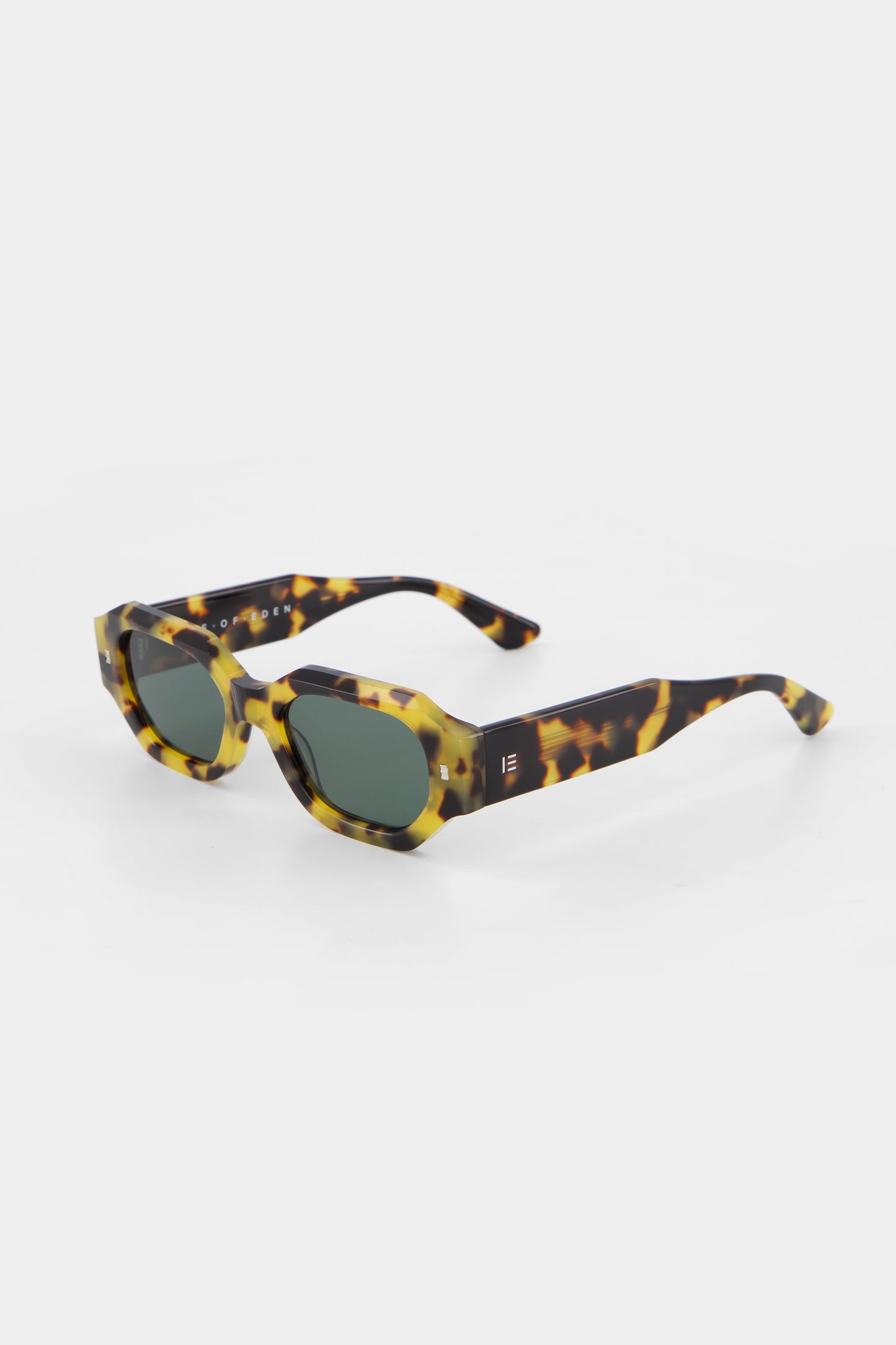 Isle of Eden Blake tortoise sunglasses, three-quarter angle showing low profile hexagonal frame