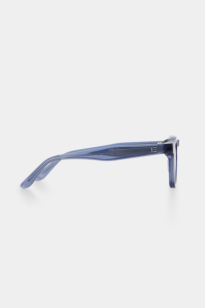 Isle of Eden Drew prescription glasses, right side view showing the eco-conscious blue bio-acetate temple arm for everyday vision correction