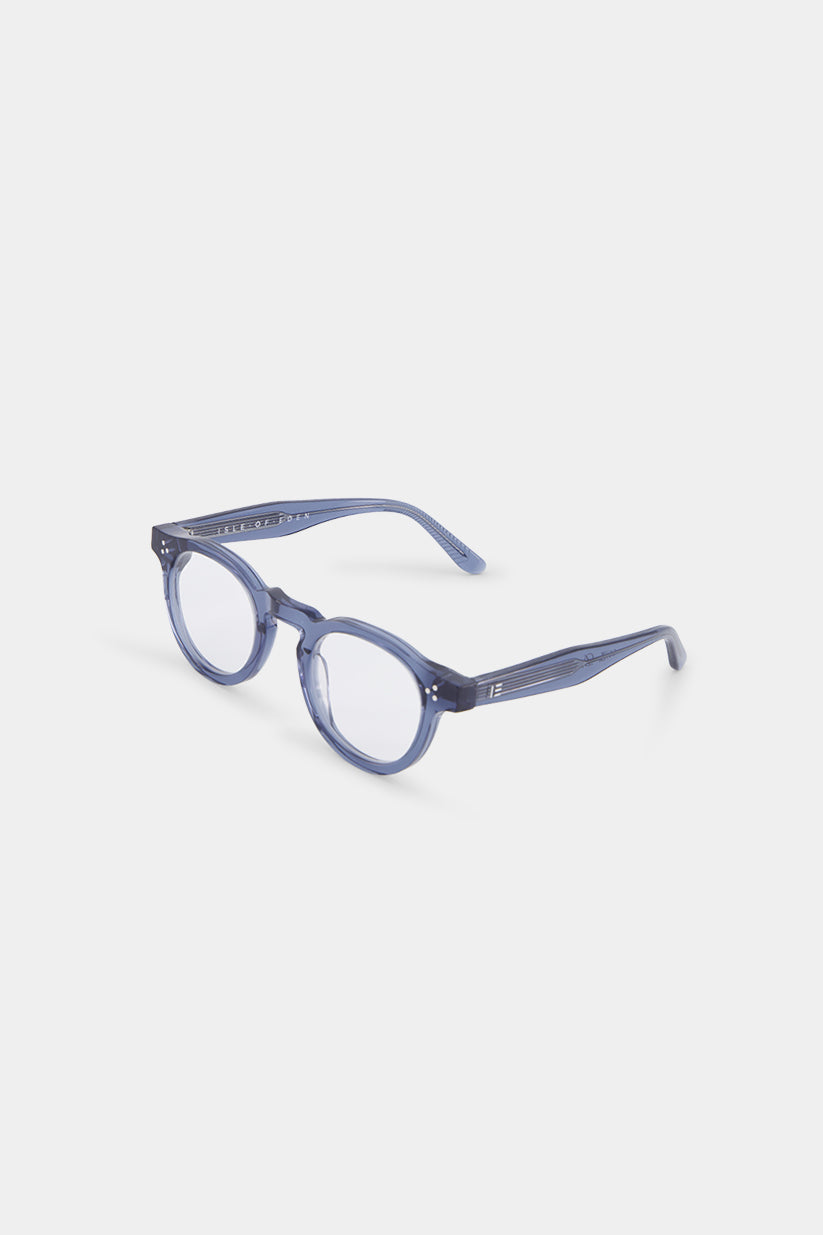 Isle of Eden Drew prescription glasses, side zoom view showing the eco-conscious blue bio-acetate frame detail for clear vision correction