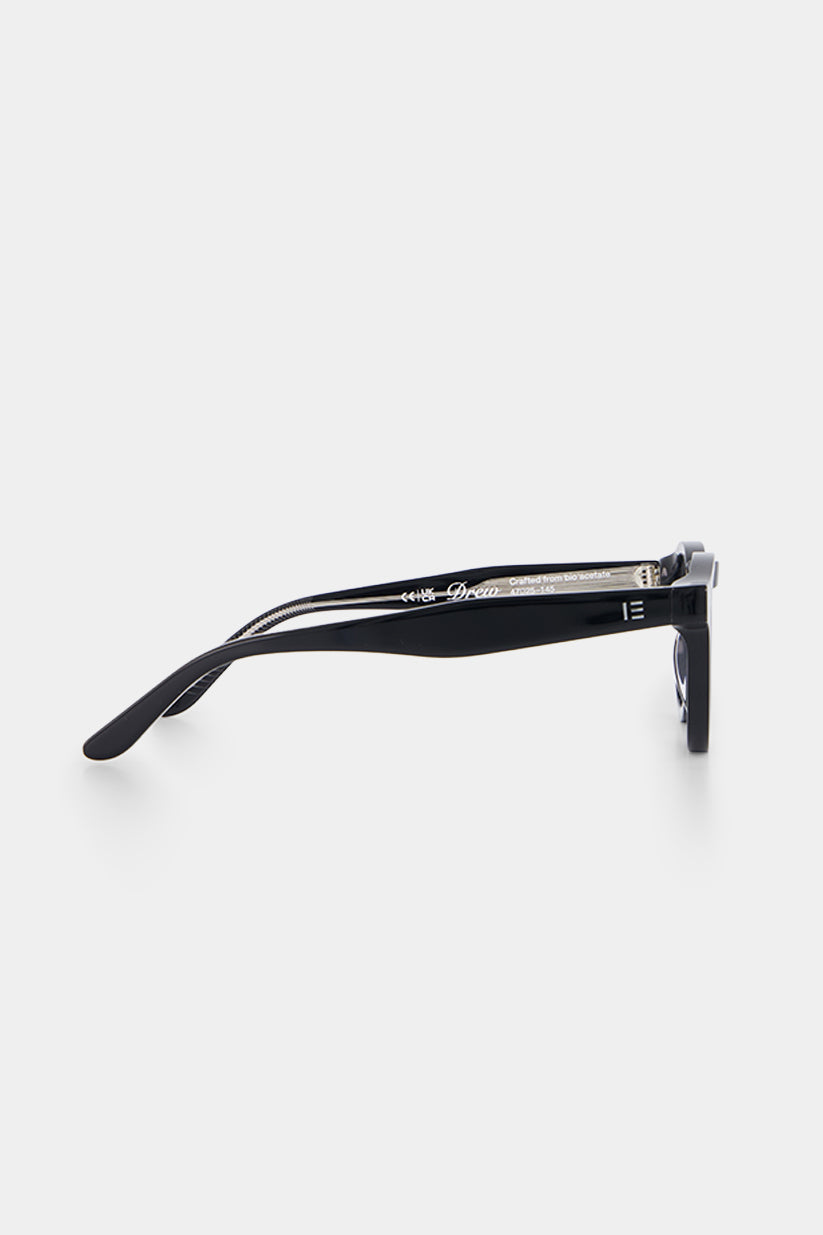 Isle of Eden Drew prescription glasses, right side view showing the eco-conscious black bio-acetate temple arm for everyday vision correction
