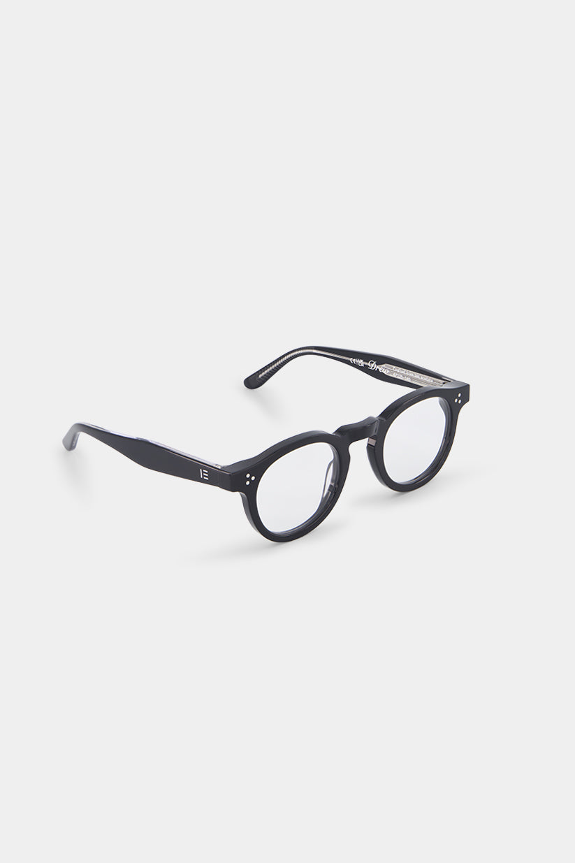 Isle of Eden Drew prescription glasses, side zoom view showing the eco-conscious black bio-acetate frame detail for clear vision correction