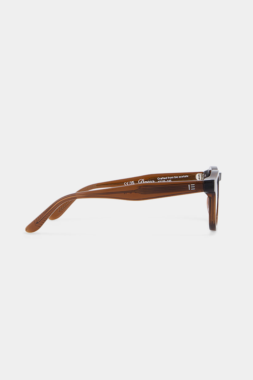 Isle of Eden Drew prescription glasses, side profile view showing the bio-acetate temple arms in brown, an eco-conscious frame built for everyday vision correction