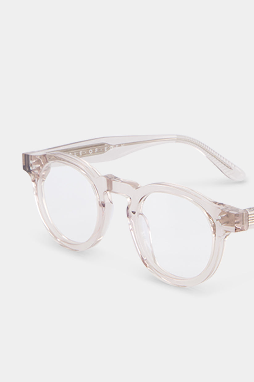 Isle of Eden Drew prescription glasses, angled side view showing the eco-conscious sand bio-acetate frame with brand lettering detail
