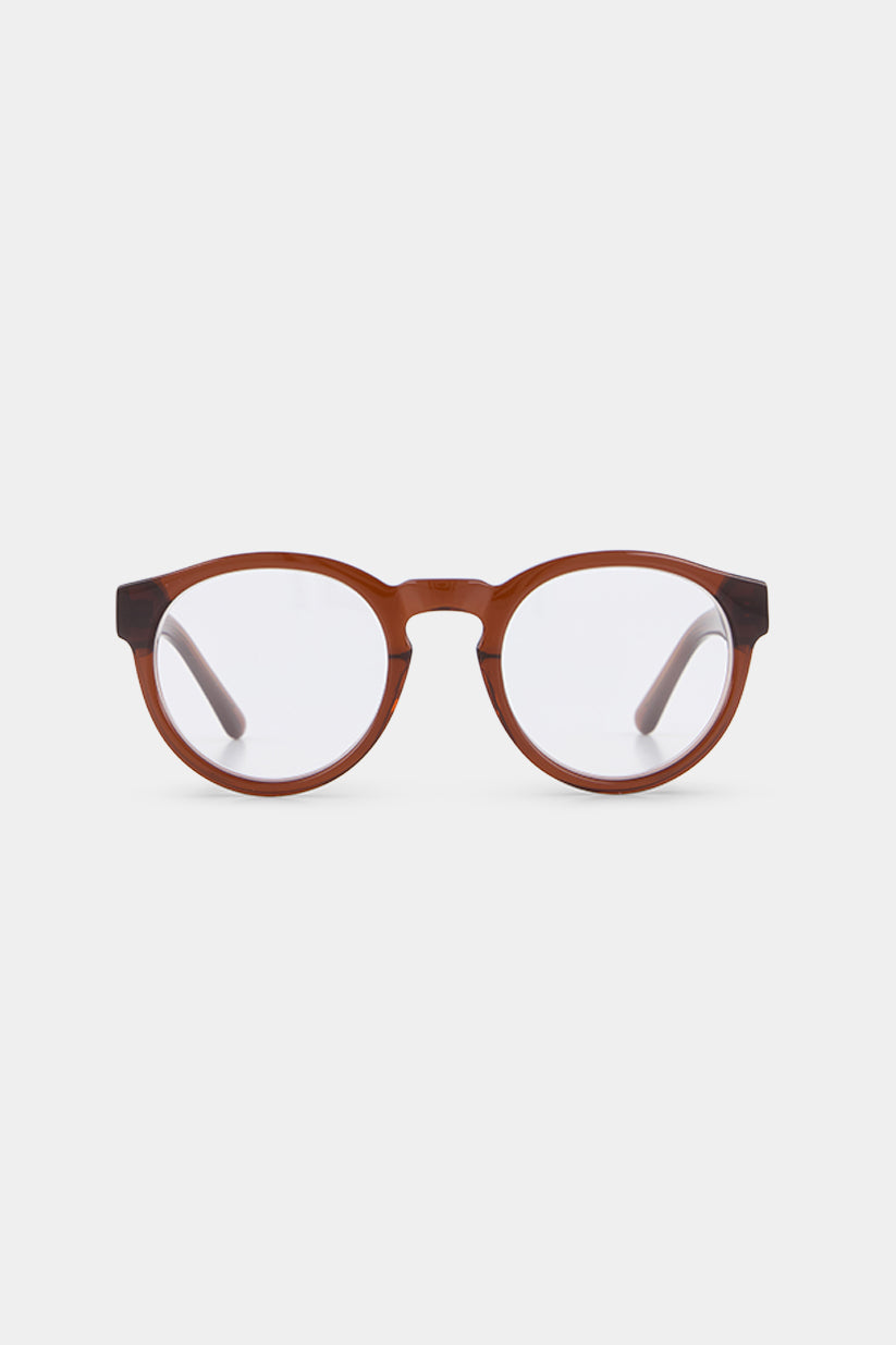 Isle of Eden Eddie prescription glasses, front view showing the eco-conscious brown bio-acetate frame, designed for everyday vision correction