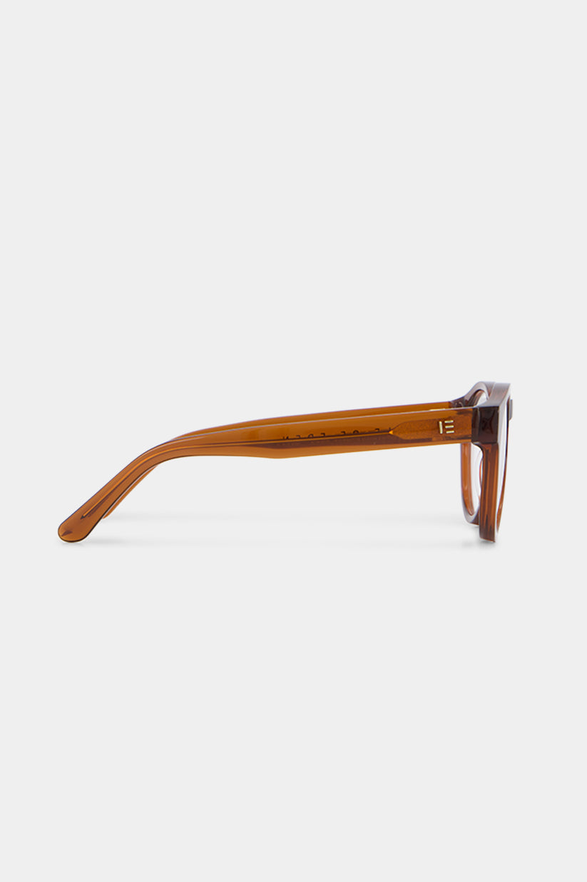 Isle of Eden Eddie prescription glasses, right side view showing the eco-conscious brown bio-acetate temple arm for everyday vision correction
