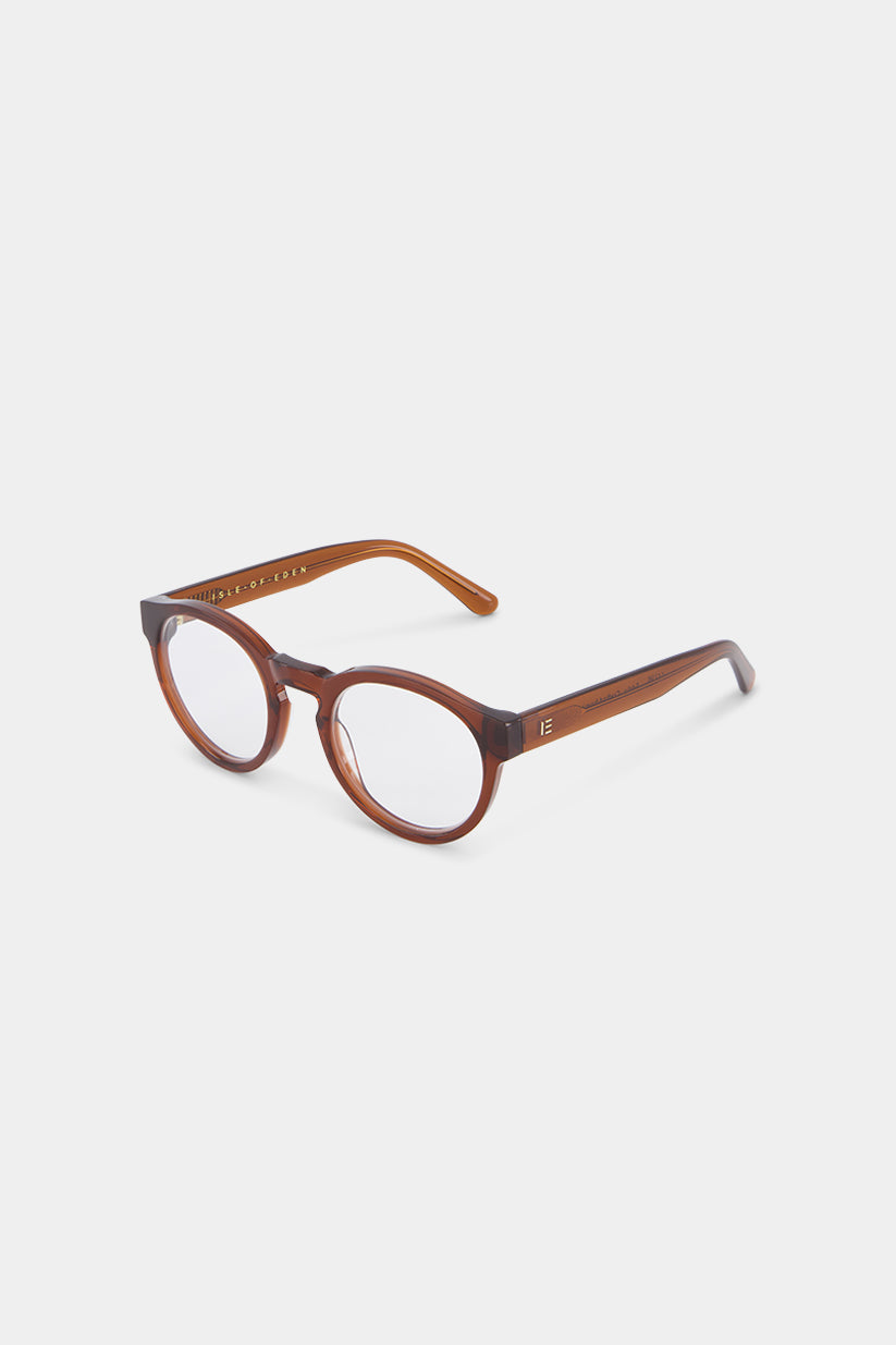 Isle of Eden Eddie prescription glasses, side zoom view showing the eco-conscious brown bio-acetate frame detail for clear vision correction