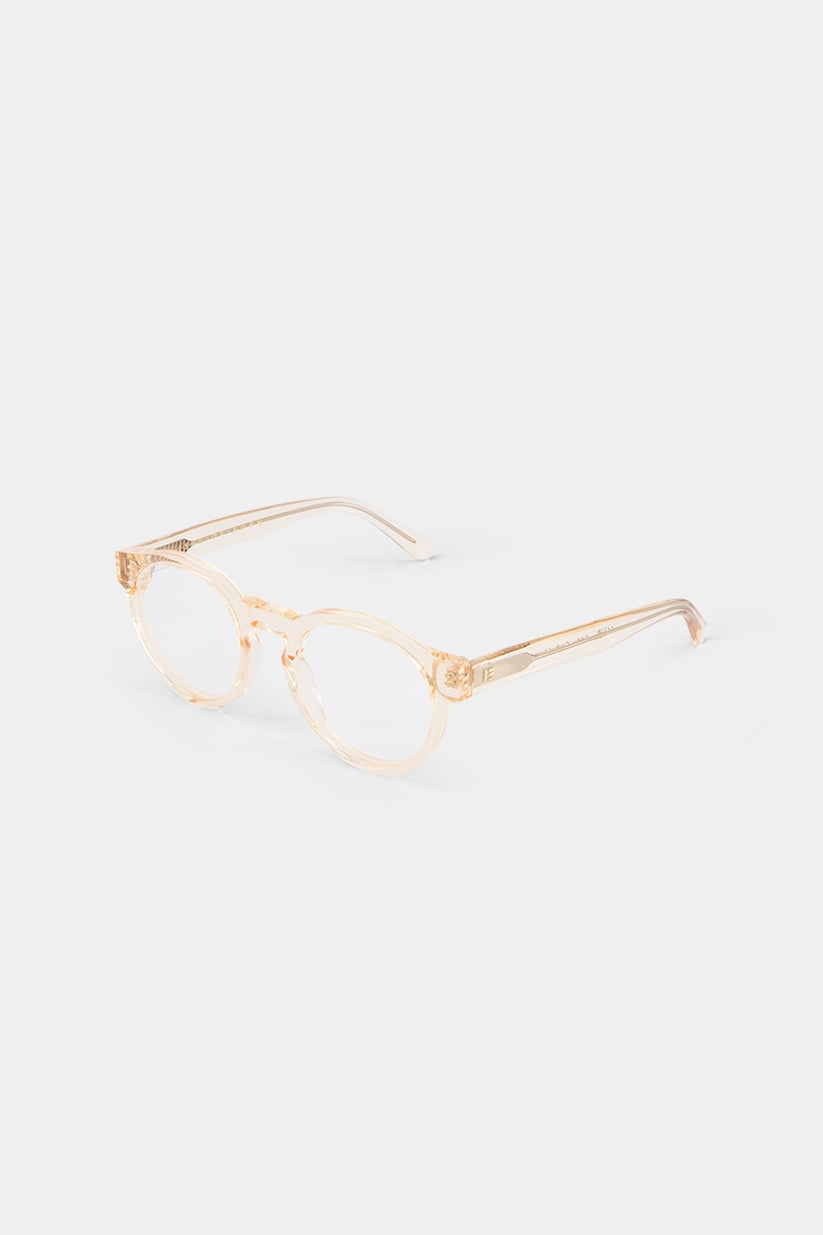 Isle of Eden Eddie prescription glasses, side zoom view showing the eco-conscious champagne bio-acetate frame detail for clear vision correction