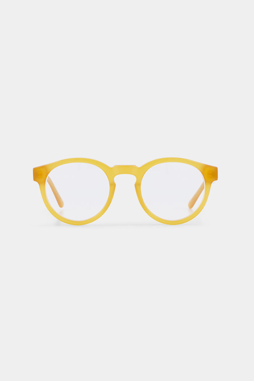Isle of Eden Eddie prescription glasses, front view showing the eco-conscious yellow bio-acetate frame, designed for everyday vision correction