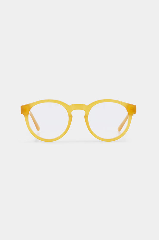 Isle of Eden Eddie prescription glasses, front view showing the eco-conscious yellow bio-acetate frame, designed for everyday vision correction