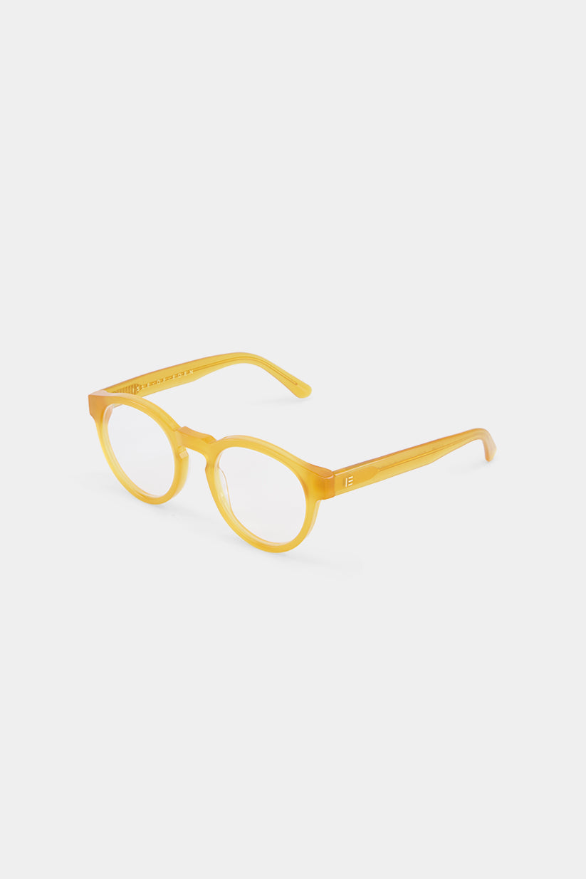 Isle of Eden Eddie prescription glasses, side zoom view showing the eco-conscious yellow bio-acetate frame detail for clear vision correction