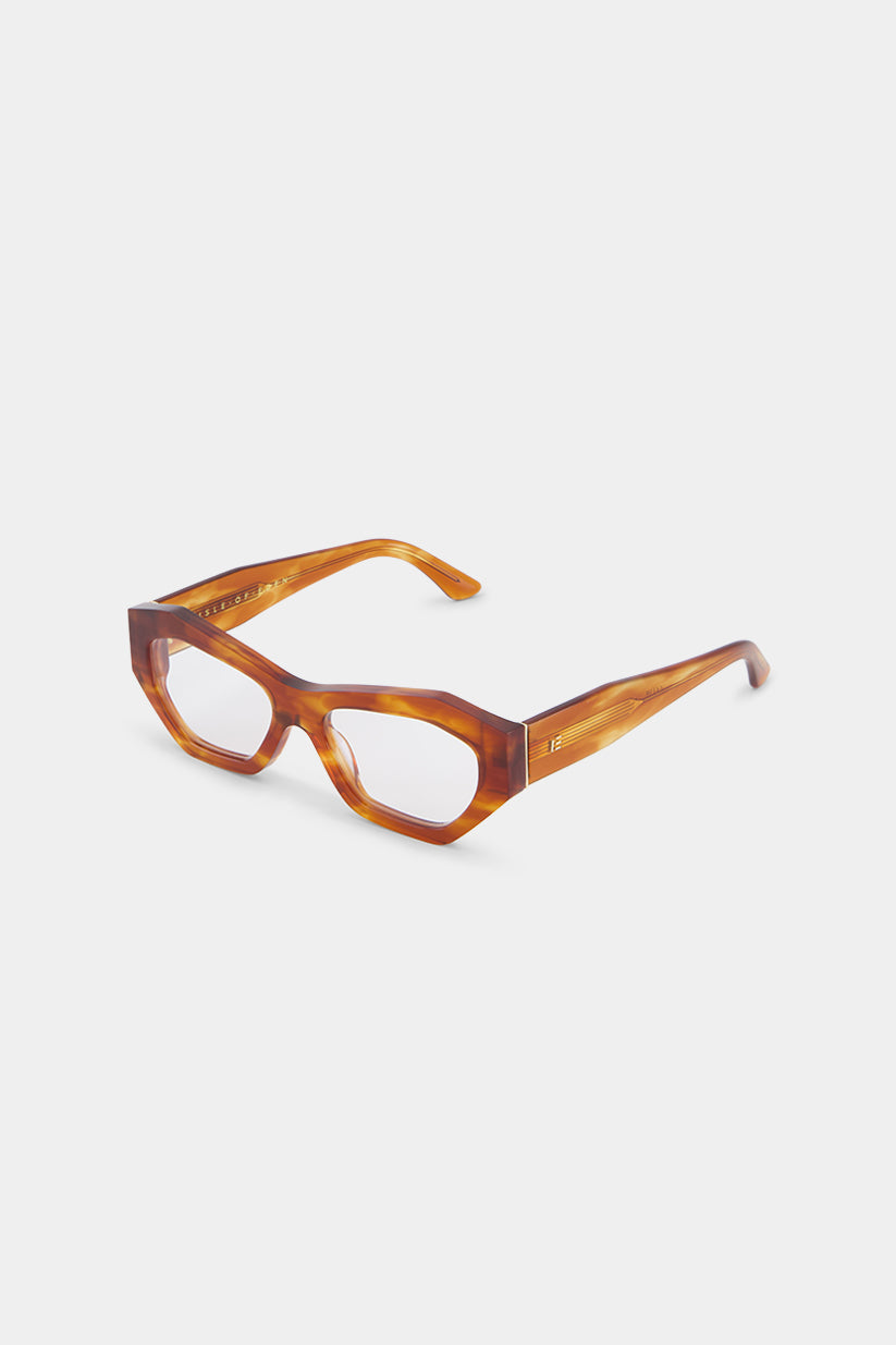 Isle of Eden Emily prescription glasses, side zoom view showing the eco-conscious whisky tortoise bio-acetate frame detail for clear vision correction