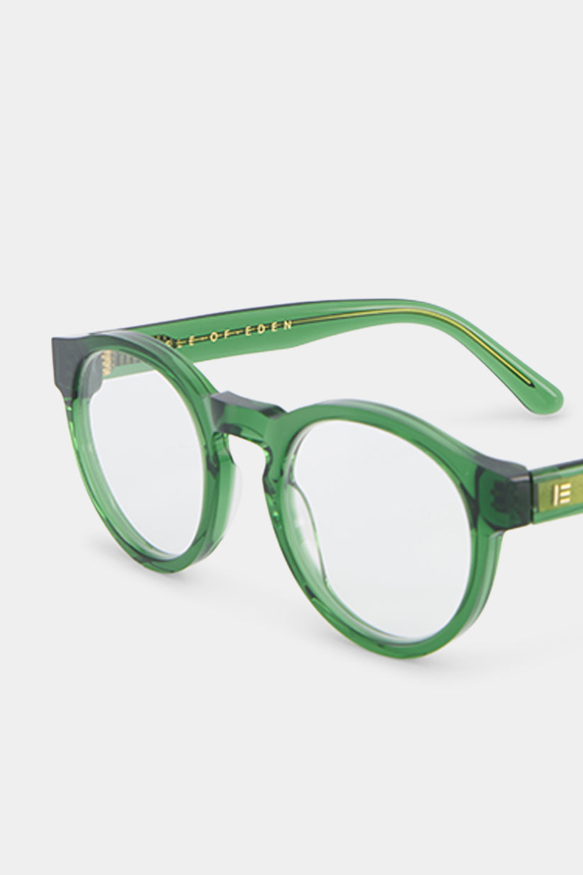 Isle of Eden Eddie prescription glasses, angled side view showing the eco-conscious green bio-acetate frame with brand lettering detail