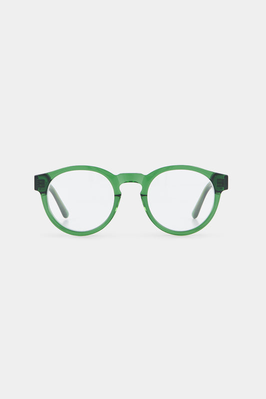 Isle of Eden Eddie prescription glasses, front view showing the eco-conscious green bio-acetate frame, designed for everyday vision correction