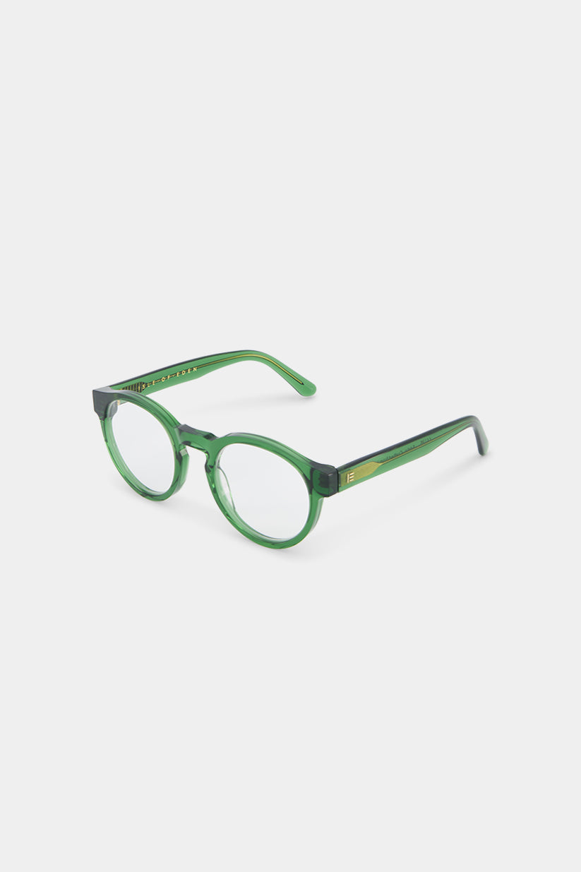 Isle of Eden Eddie prescription glasses, side zoom view showing the eco-conscious green bio-acetate frame detail for clear vision correction