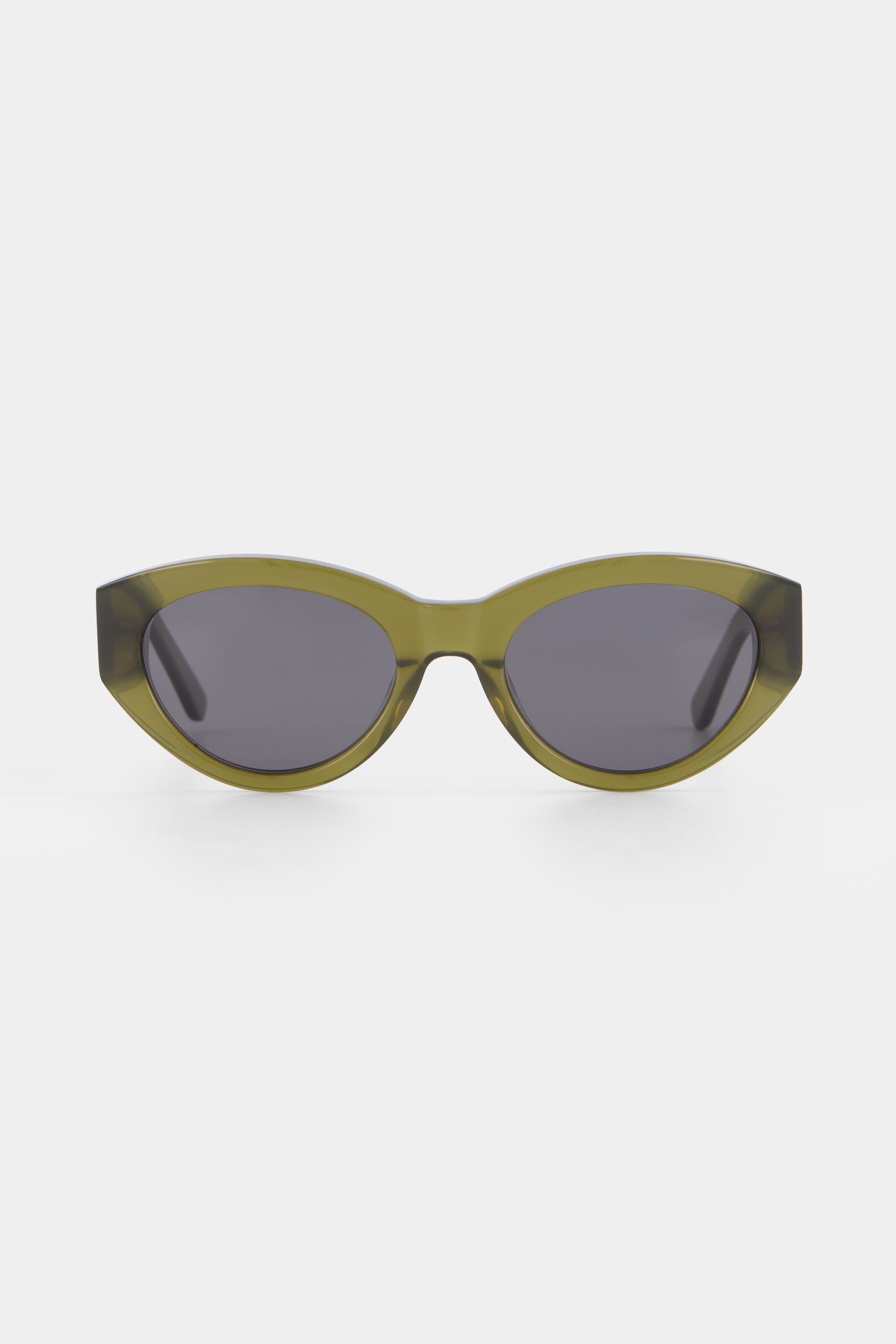Isle of Eden Felina frosted green sunglasses, front view showing cat-eye frame and dark lenses