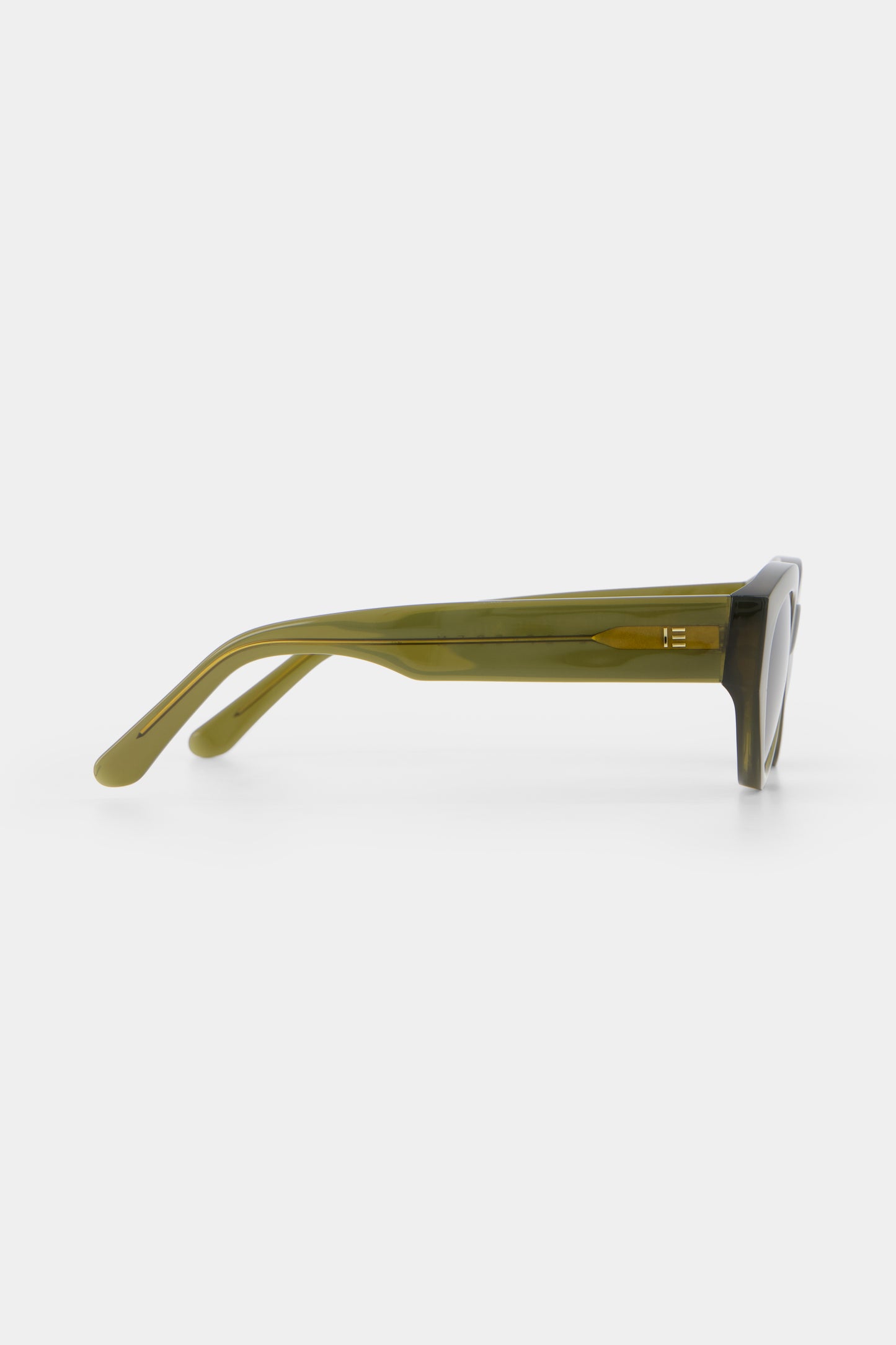 Isle of Eden Felina frosted green sunglasses, side profile view showing temple length and hinge detail