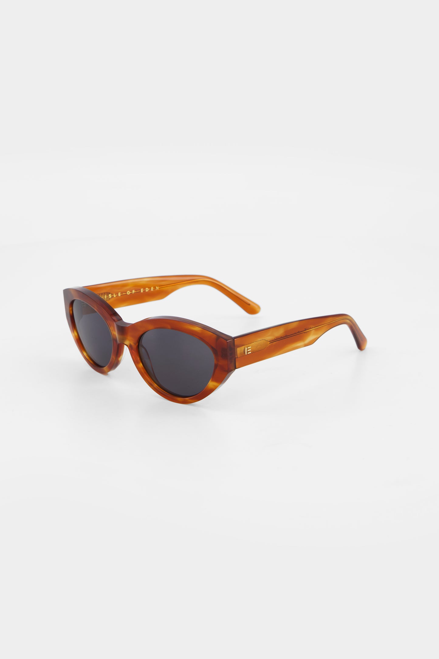 Isle of Eden Felina whisky tortoise sunglasses, three-quarter angle showing cat-eye frame