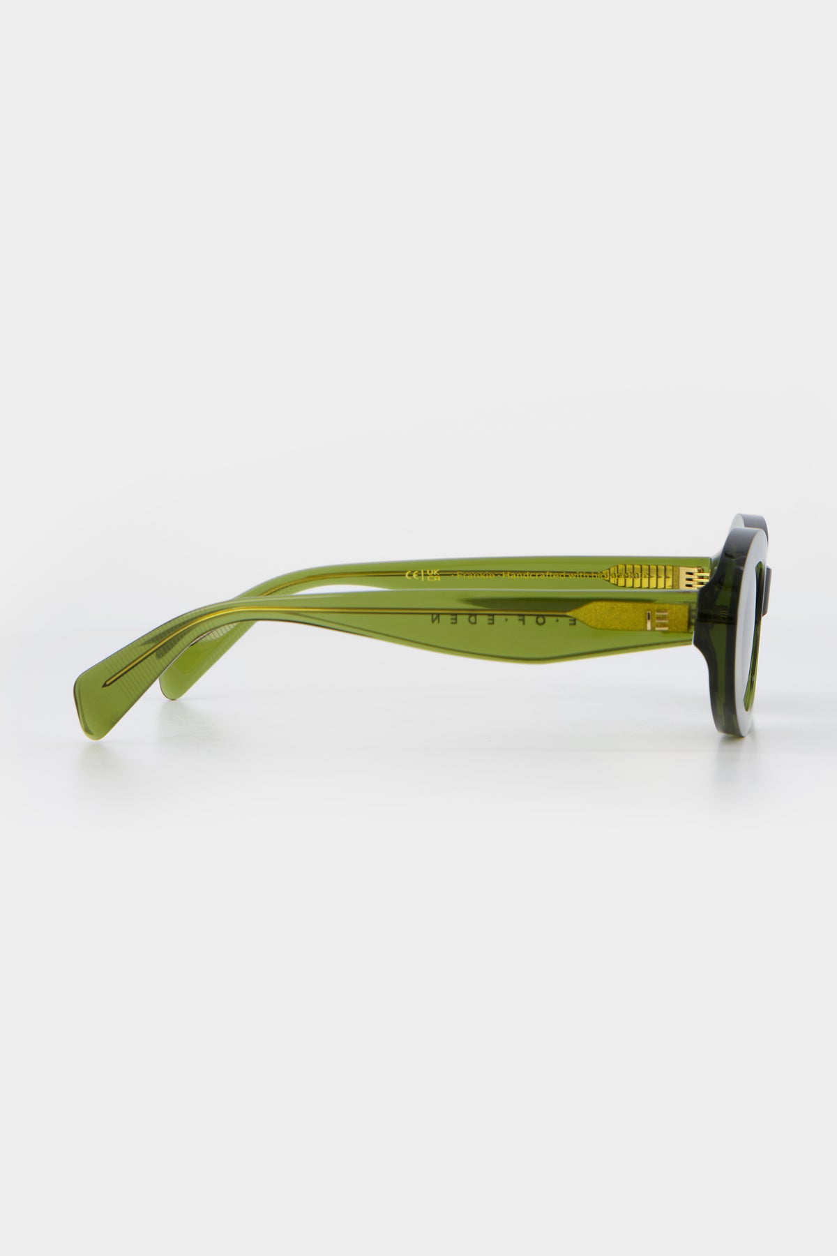 Isle of Eden Frankie bottle green sunglasses, side profile view showing temple length and hinge detail