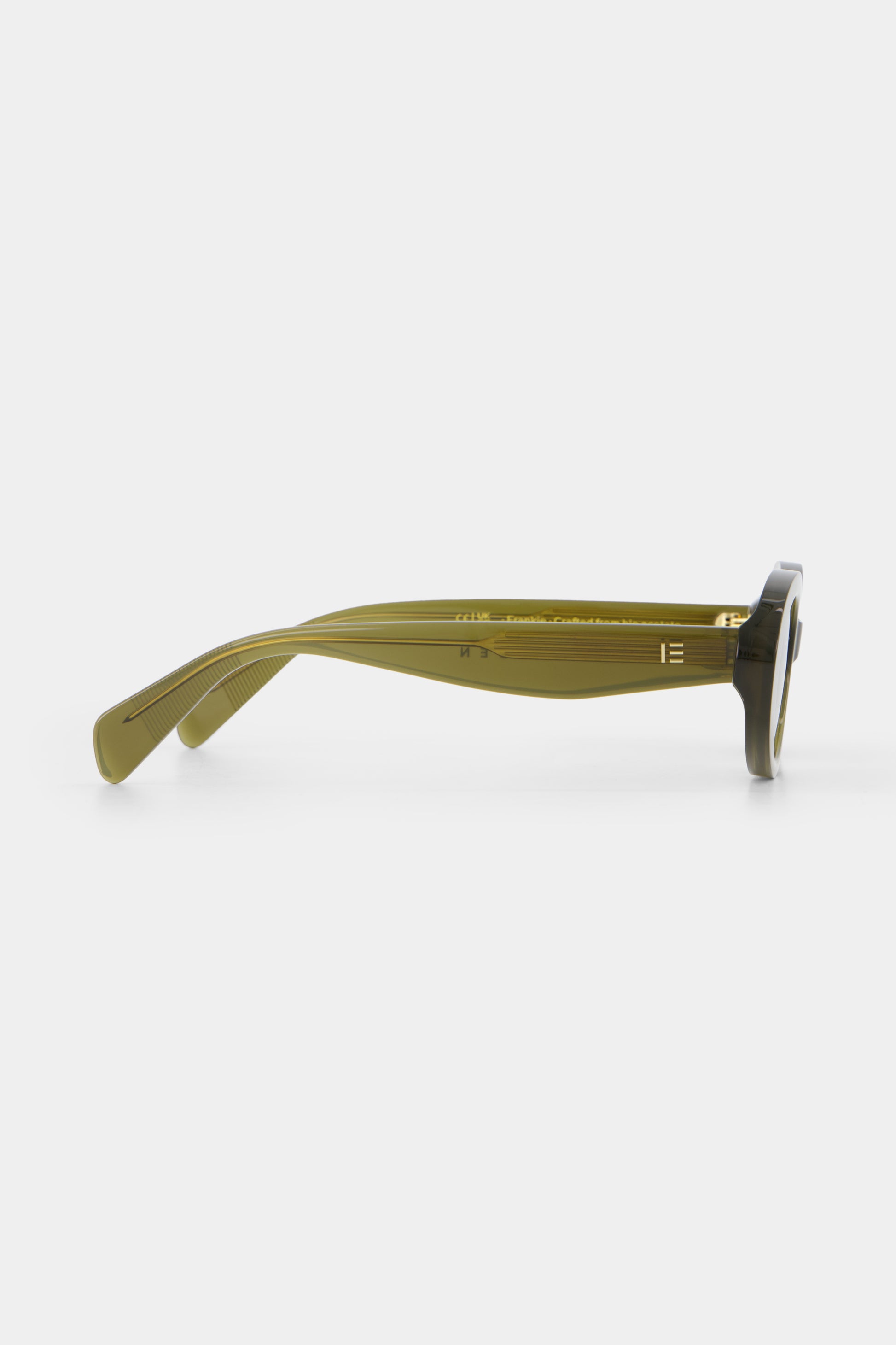 Isle of Eden Frankie frosted green sunglasses, side profile view showing temple length and hinge detail