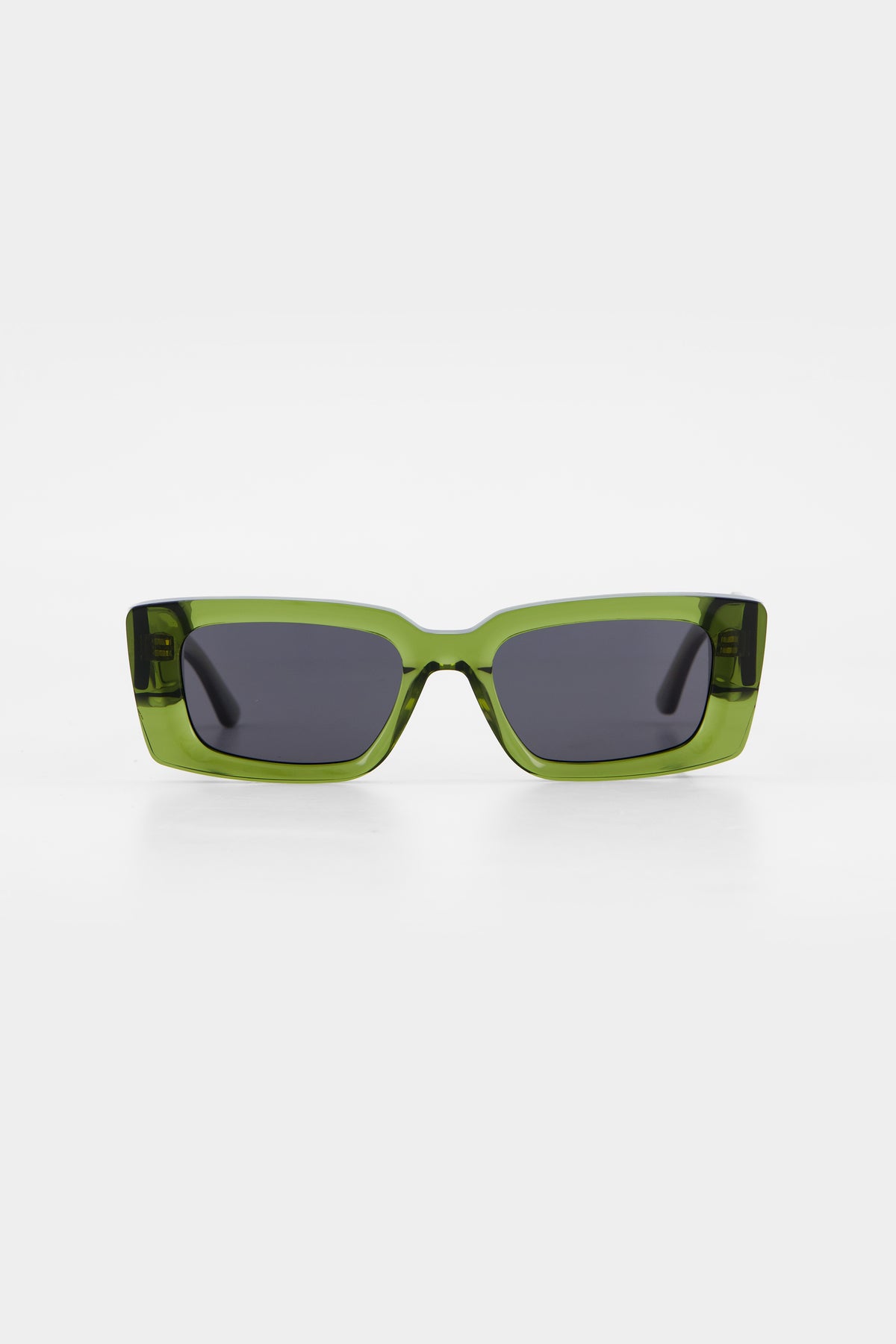 Isle of Eden Goldie green sunglasses, front view showing rectangular frame and dark lenses