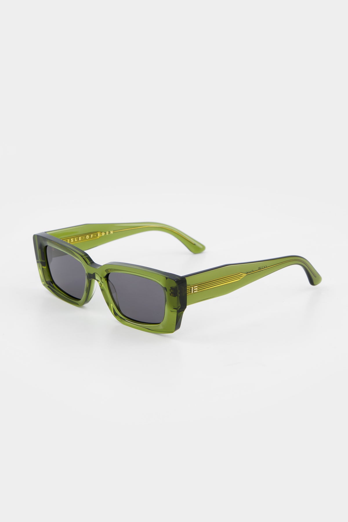 Isle of Eden Goldie green sunglasses, three-quarter angle showing rectangular frame