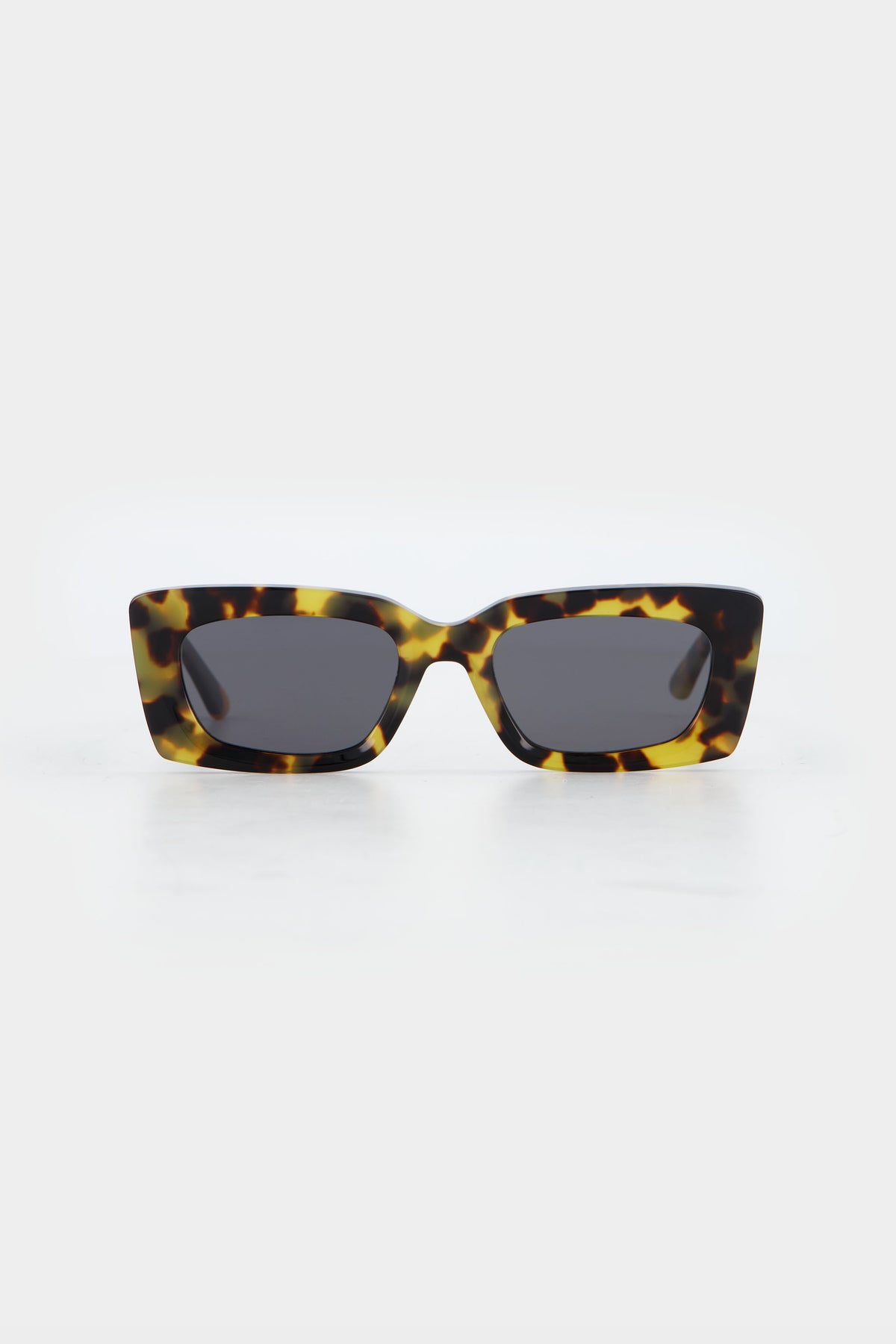 Isle of Eden Goldie tortoise sunglasses, front view showing rectangular frame and dark lenses
