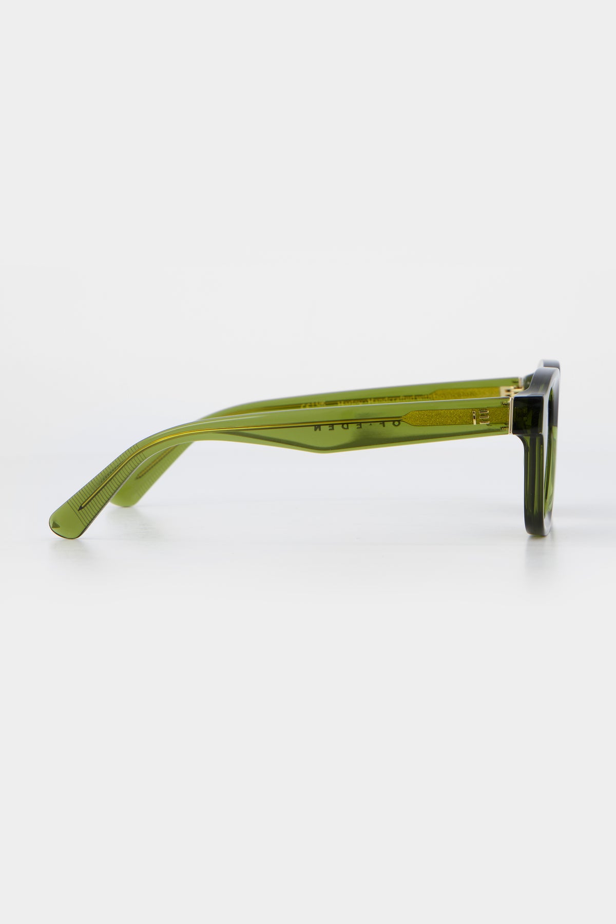 Isle of Eden Harley bottle green sunglasses, side profile view showing temple length and hinge detail