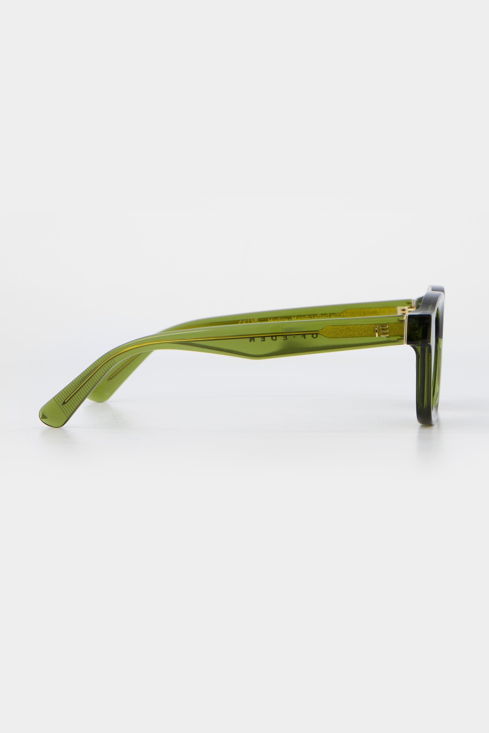 Isle of Eden Harley bottle green sunglasses, side profile view showing temple length and hinge detail