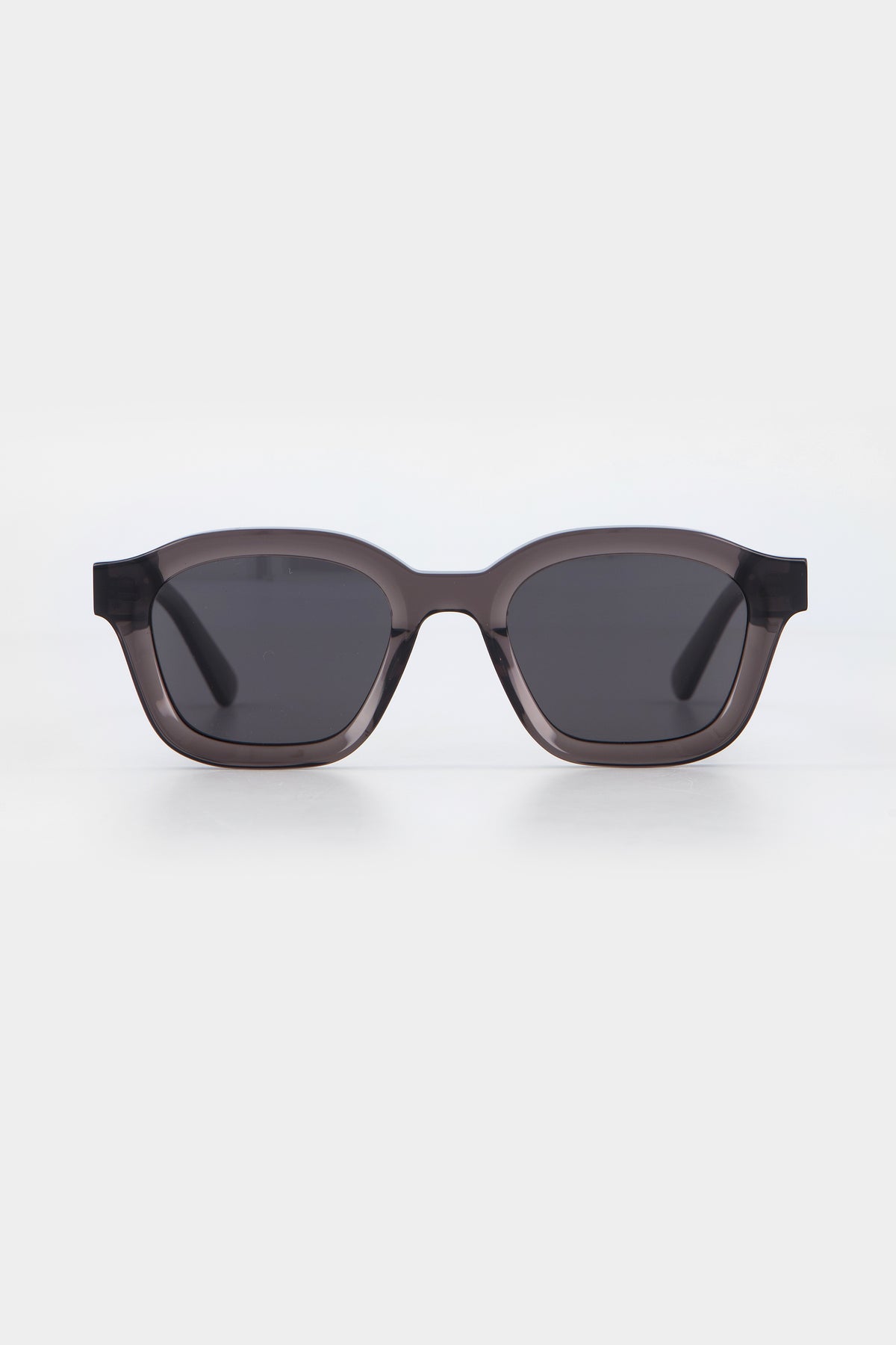 Isle of Eden Harley grey sunglasses, front view showing bold frame and dark lenses