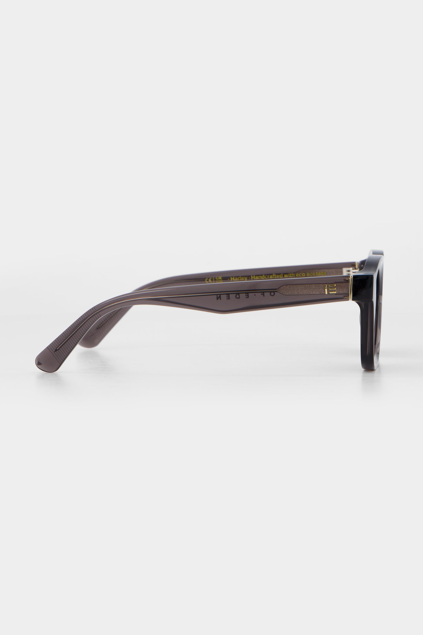 Isle of Eden Harley grey sunglasses, side profile view showing temple length and hinge detail