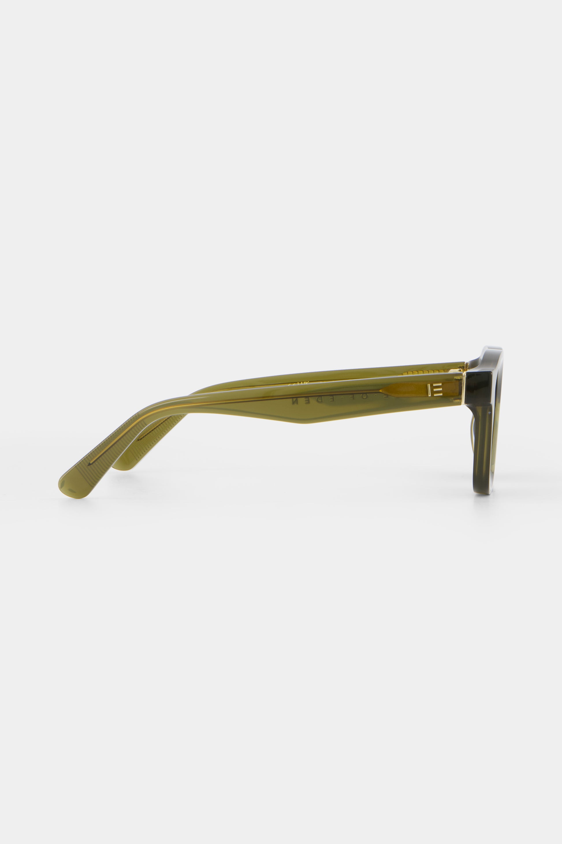 Isle of Eden Harley frosted green sunglasses, side profile view showing temple length and hinge detail