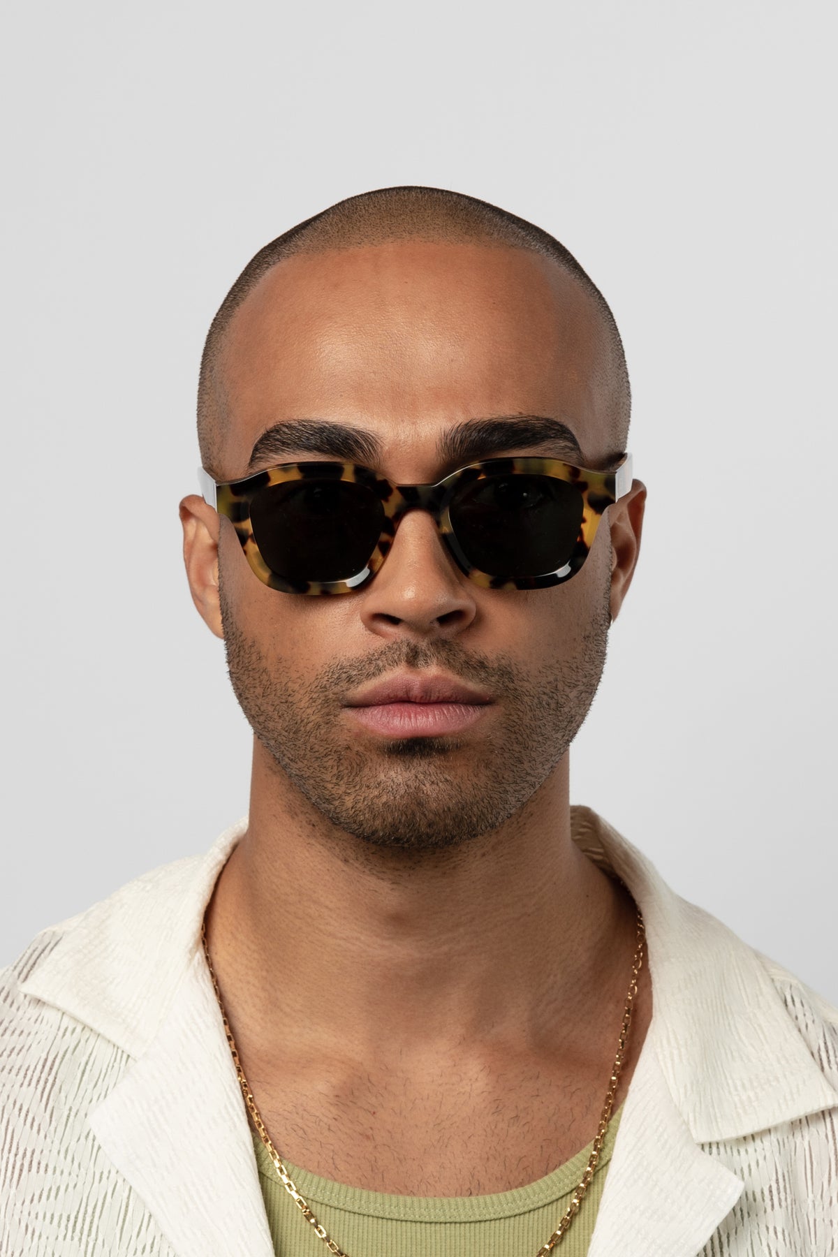 Male model wearing Isle of Eden Harley tortoise sunglasses, close front-facing portrait