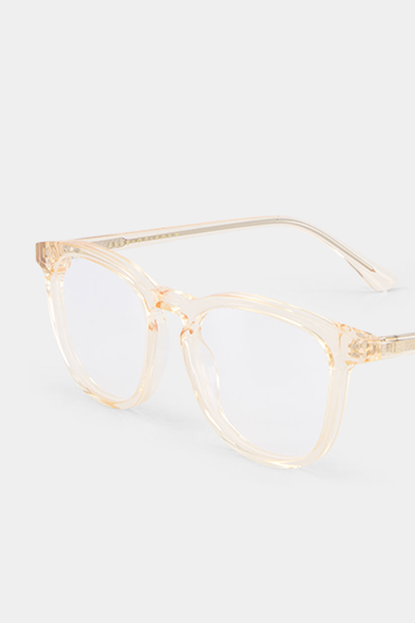Isle of Eden Louis-Philippe prescription glasses, angled side view showing the eco-conscious champagne bio-acetate frame for clear vision correction