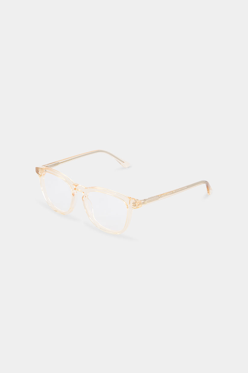 Isle of Eden Louis-Philippe prescription glasses, side zoom view showing the eco-conscious champagne bio-acetate frame detail for clear vision correction