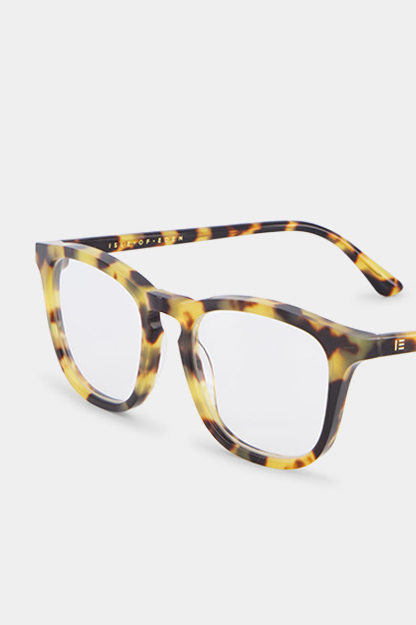 Isle of Eden Louis-Philippe prescription glasses, angled front view showing the eco-conscious tortoiseshell bio-acetate frame with gold hinge detail