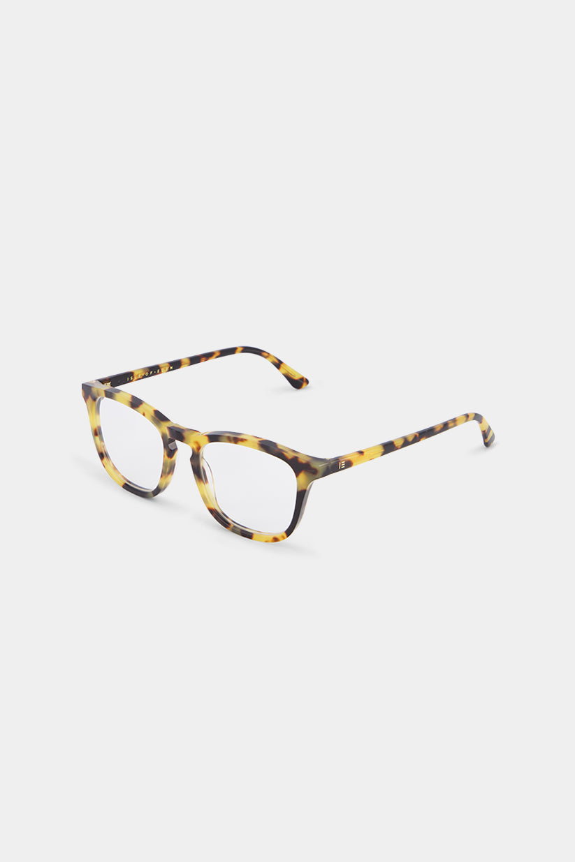 Isle of Eden Louis-Philippe prescription glasses, side zoom view showing the eco-conscious tortoiseshell bio-acetate frame detail for clear vision correction