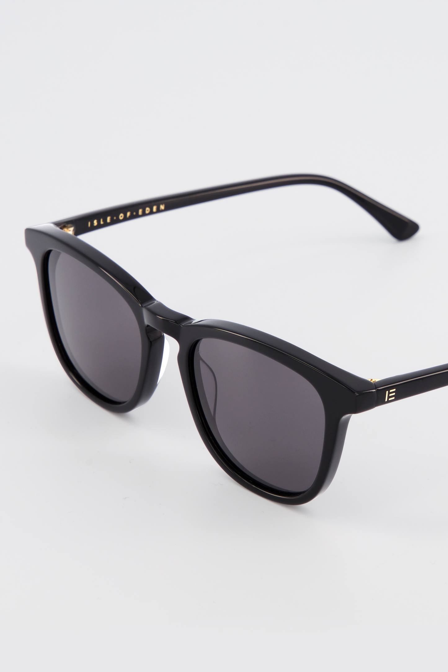 Close-up of Isle of Eden Louis-Philippe black sunglasses temple showing gold hardware and brand lettering