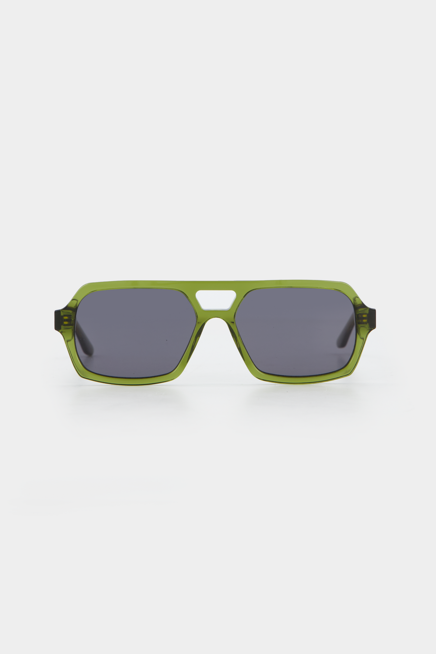 Isle of Eden Lola bottle green sunglasses, front view showing aviator frame and dark lenses