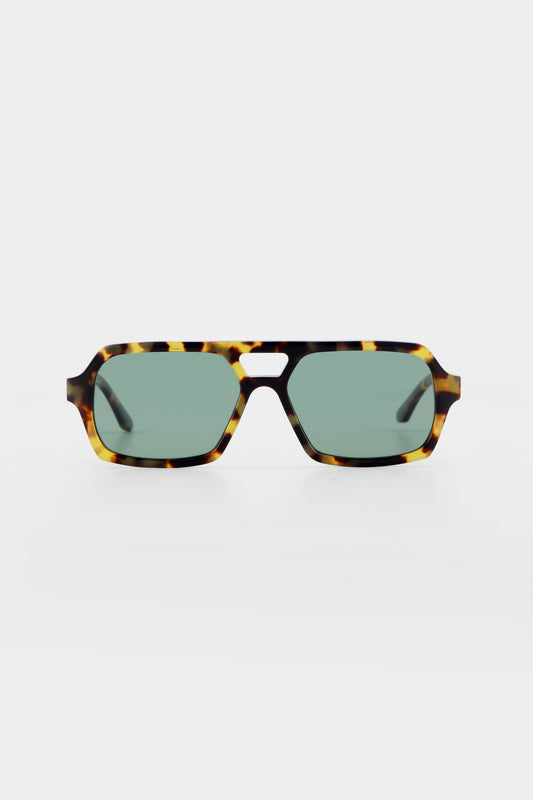 Isle of Eden Lola tortoise sunglasses, front view showing aviator frame and green lenses