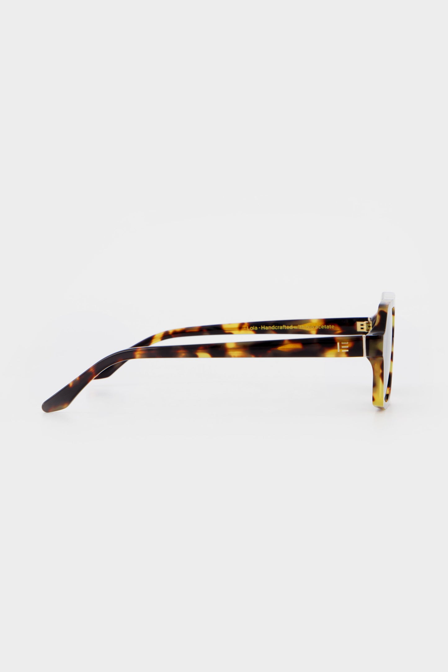Isle of Eden Lola tortoise sunglasses, side profile view showing temple length and hinge detail
