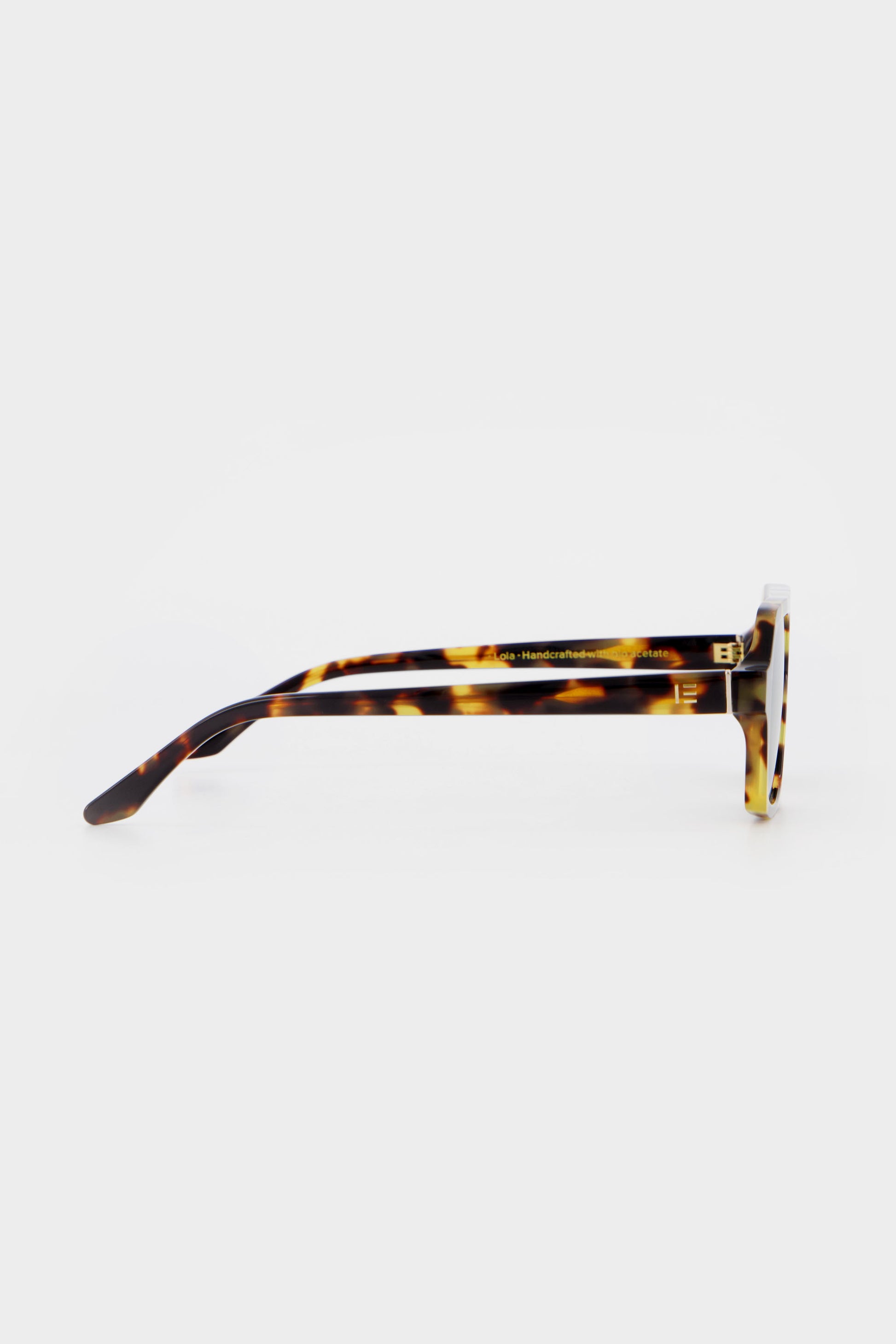 Isle of Eden Lola tortoise sunglasses, side profile view showing temple length and hinge detail