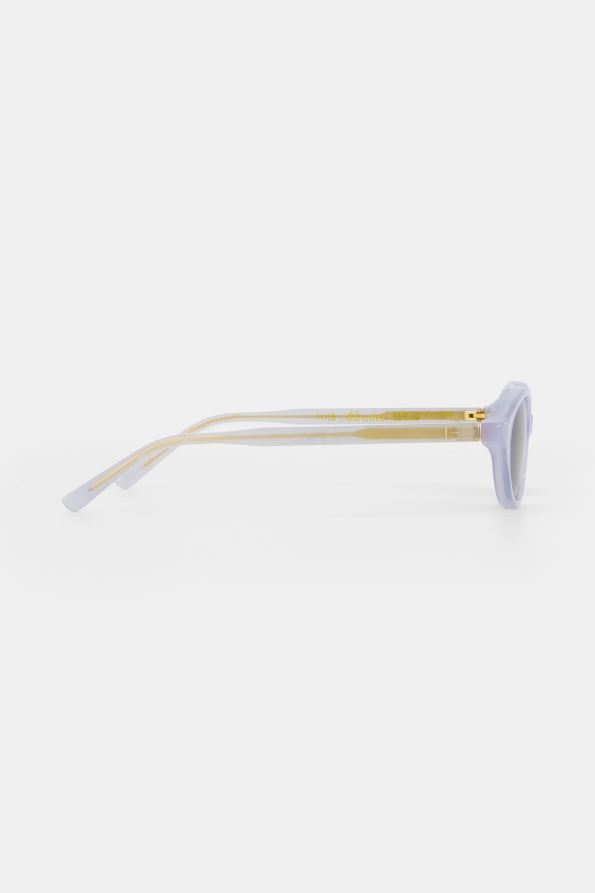 Isle of Eden Mirabel baby blue sunglasses, side profile view showing temple length and hinge detail