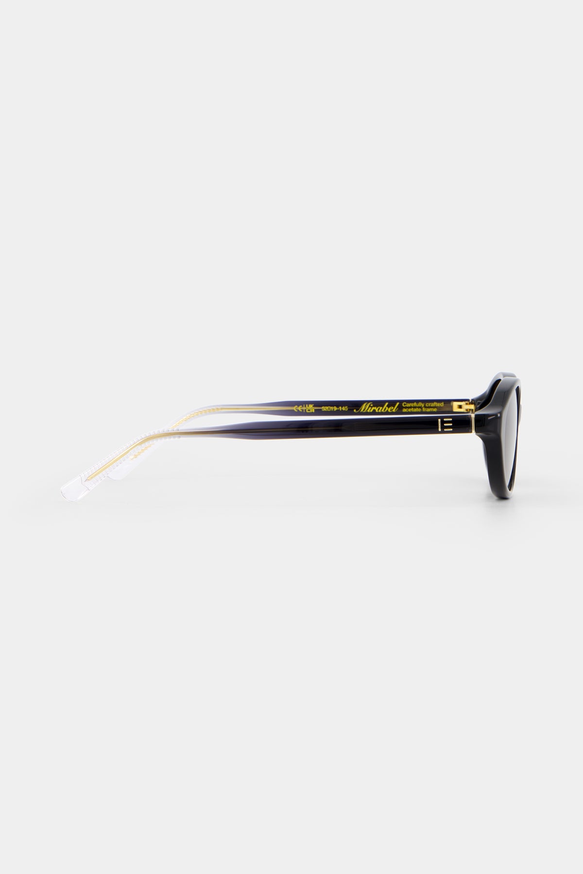 Isle of Eden Mirabel black sunglasses, side profile view showing temple length and hinge detail
