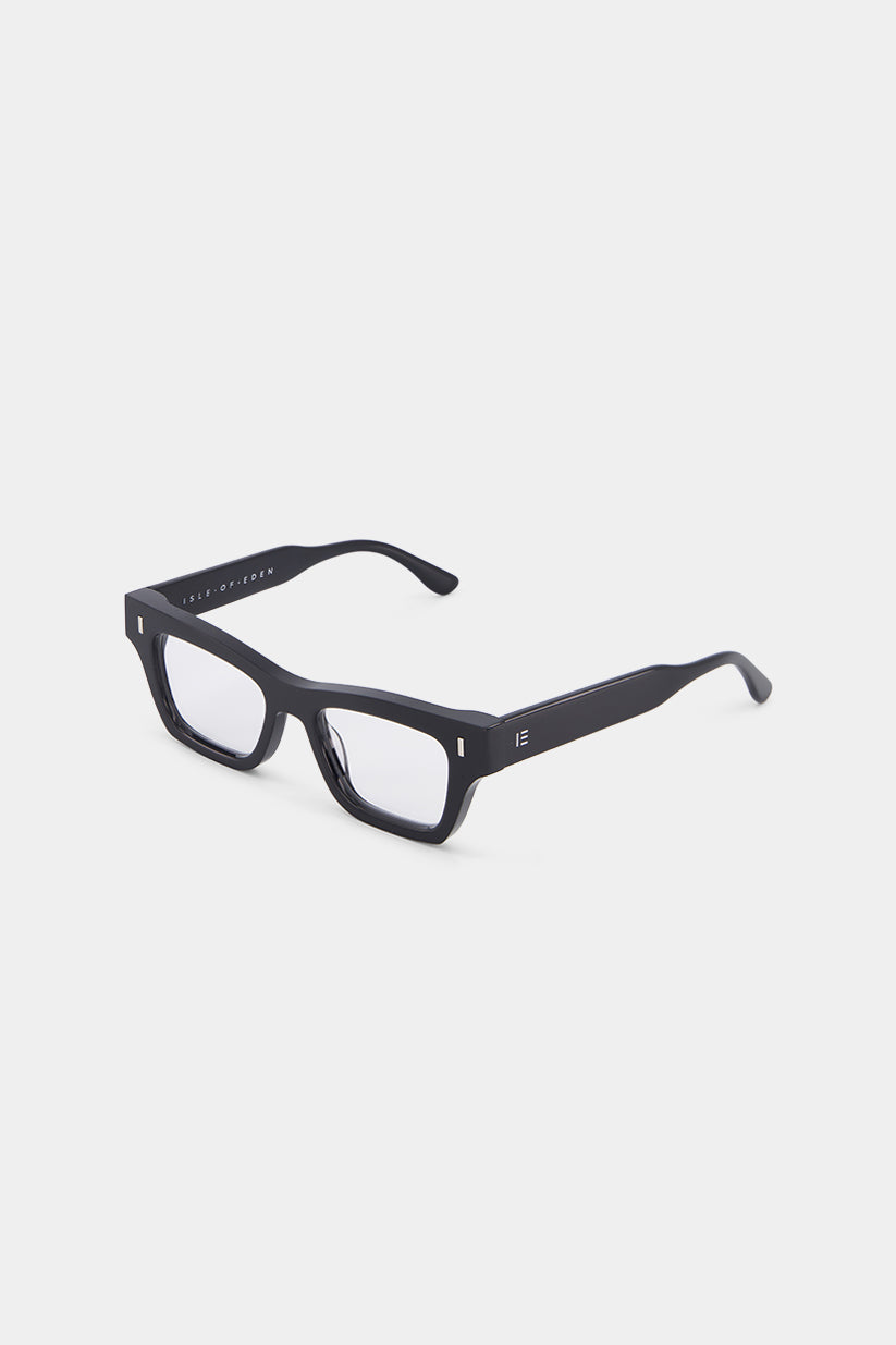 Isle of Eden Olli prescription glasses, side zoom view showing the eco-conscious black bio-acetate frame detail for clear vision correction