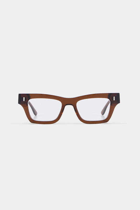Isle of Eden Olli prescription glasses, front view showing the eco-conscious brown bio-acetate frame, designed for everyday vision correction