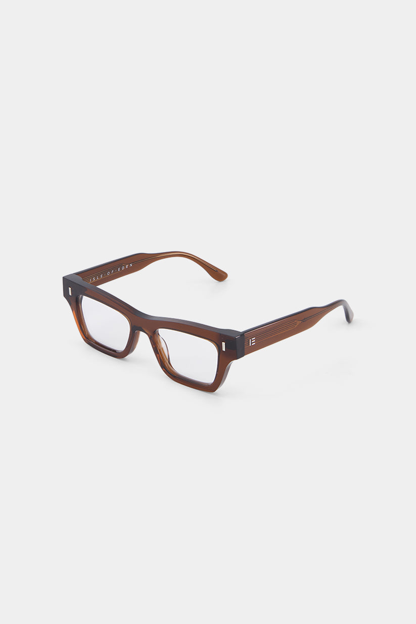 Isle of Eden Olli prescription glasses, side zoom view showing the eco-conscious brown bio-acetate frame detail for clear vision correction