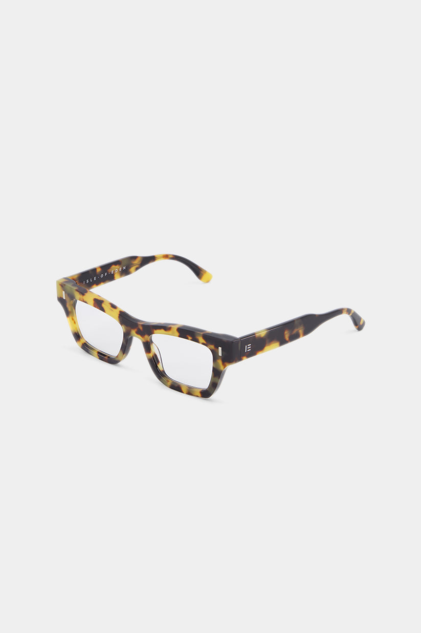 Isle of Eden Olli prescription glasses, side zoom view showing the eco-conscious tortoiseshell bio-acetate frame detail for clear vision correction